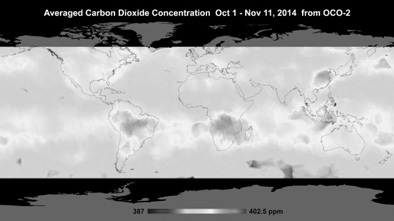 來(lái)自O(shè)CO-2 的數(shù)據(jù)顯示了10 月1 日至11 月11日的大氣二氧化碳濃度。圖片來(lái)源：NASA